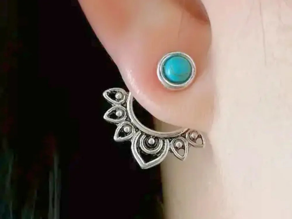 Turquoise Mandala Earrings, Boho Silver Earrings